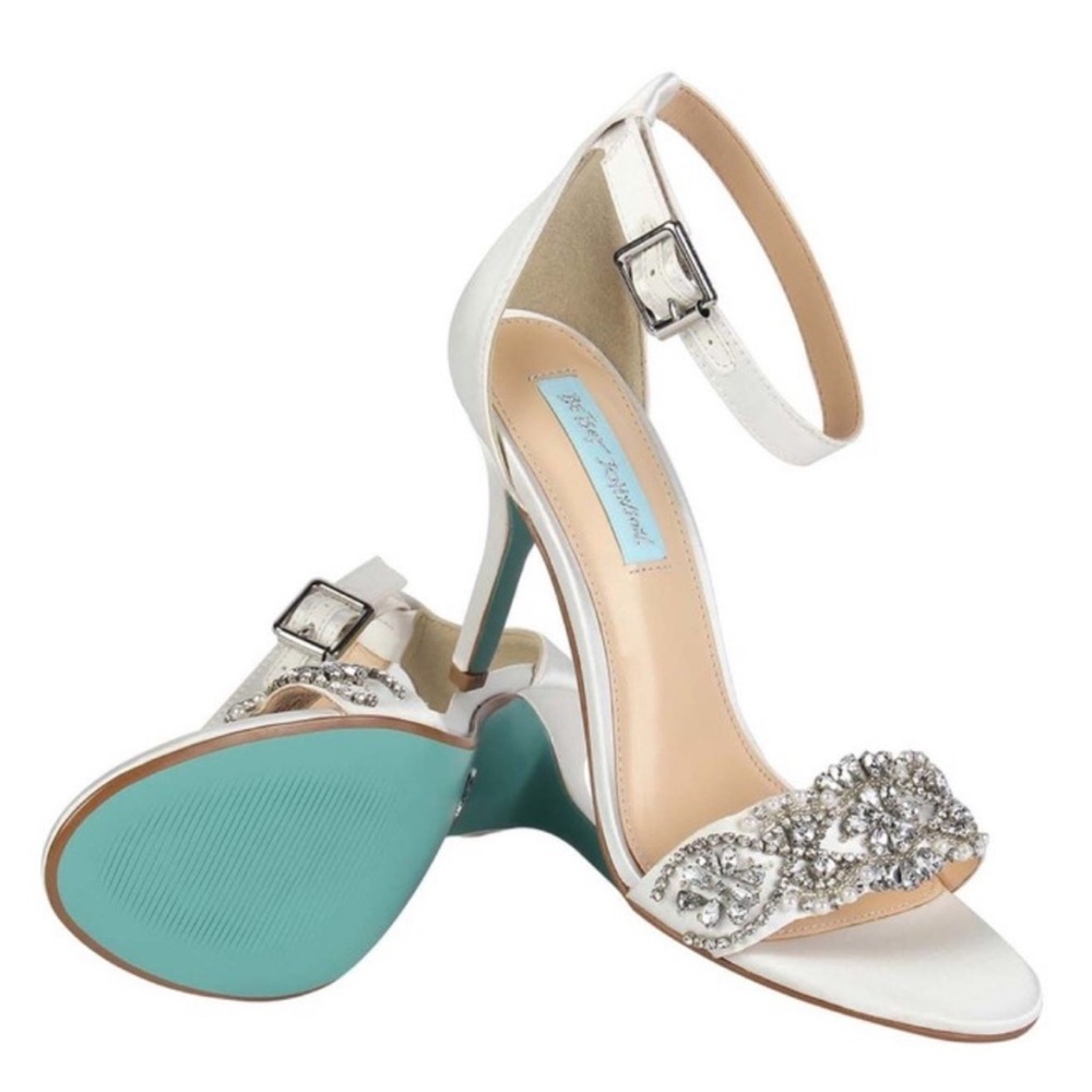 Betsey Johnson Gina Jeweled Ankle Strap Dress Sandals Ivory Satin Stiletto Heels